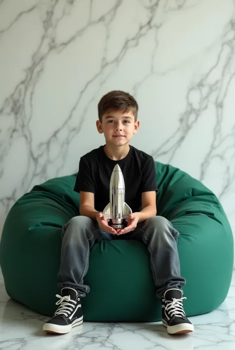 An elegant marble background with soft veins in white and gray , creating a sophisticated and balanced atmosphere . in the center,  a  boy , with an empowered but confident stance, He's sitting on a big green beanbag. He wears a simple black t-shirt and je...