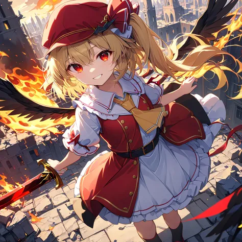 ((beautiful, the most beautiful in the world, the most beautiful, 1 girl, solo, standing, flandre scarlet, blond hair, short hair, side ponytail, hair red ribbon, wearing a red student cap, red eyes, glowing eyes, malicious smile, yellow tie, black shirt, ...