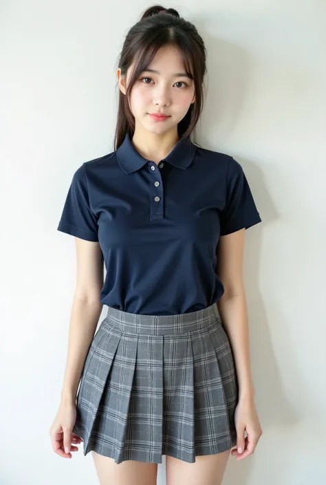  Japanese woman、 、 ponytail、 skinny、 skinny、 Japanese high school girl uniforms、 dark blue polo shirt 、Big Breasts、 gray plaid pleated miniskirt、Background is a white wall