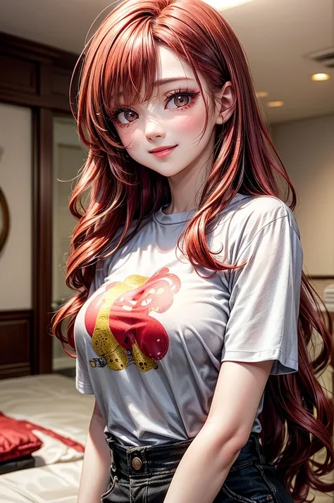 Masterpiece, ((1 girl, Red Scarlet Hair)), ((Best Quality)), (Ultra-detailed), Highly detailed, ((Medium Breasts, Tick Red Hair, Shiny Red Hair)), ((Close up)), Perfect Lighting, Perfect background, ((Wavy Long Hair, Red hair, Brown eyes, Blunt Bangs, Swee...