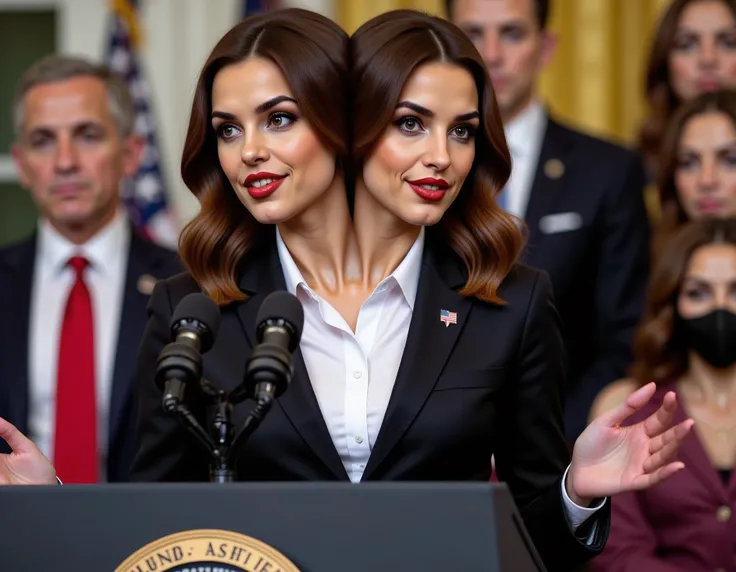 realistic face two headed Caucasian female with brown hair and brown eyes a in business suit, us president, very fit, two heads, conjoined twins, white polo shirt, round breasts, speaking at podium, podium with potus seal, inaguration, us capitol, us flag ...