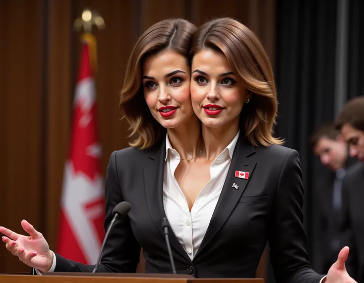 realistic face two headed Caucasian female with brown hair and brown eyes a in business suit, Canadian prime minister, very fit, two heads, conjoined twins, white polo shirt, round breasts, speaking at podium, canadian flag pin on blazer, red fingernails, ...