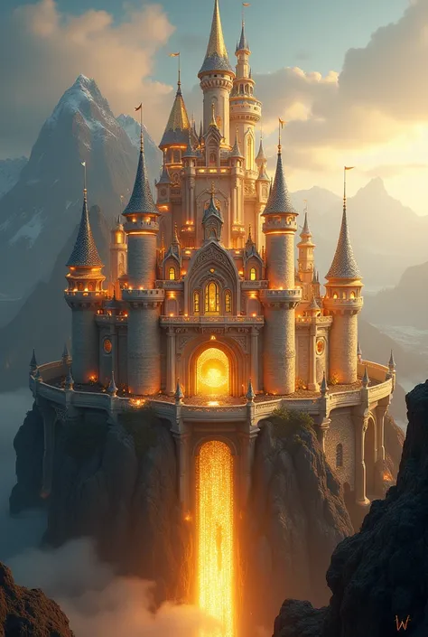 image: A golden and silver castle,  with a bright light emanating from within . inside