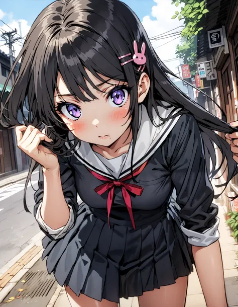 household, Mai Sakurajima ,  long hair, bangs,   black hair,   hair ornament,   Purple Eyes,  hair clip, rabbit   hair ornament,blush, is astonished, of pussy is embarrassing, legs ,black cardigan,white sailor suit , Long Sleeve, black mini pleated skirt ,...