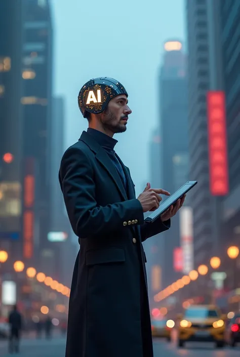  Imagine a futuristic metropolis around 2050 ,  with a lonely man standing on the central axis of the city ,  decorated with a futuristic headdress , emitting a soft ,  glow, which clearly shows the letter “AI” .  He is holding an elegant high-tech tablet ...