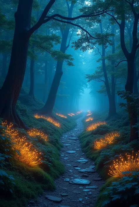 Mystical, Glowing Forest
"A mystical, glowing forest where radiant, bioluminescent plants thrive, casting an enchanting, shimmering light on the surrounding landscape. A meandering, dreamy pathway winds through the forest, inviting the viewer to explore th...