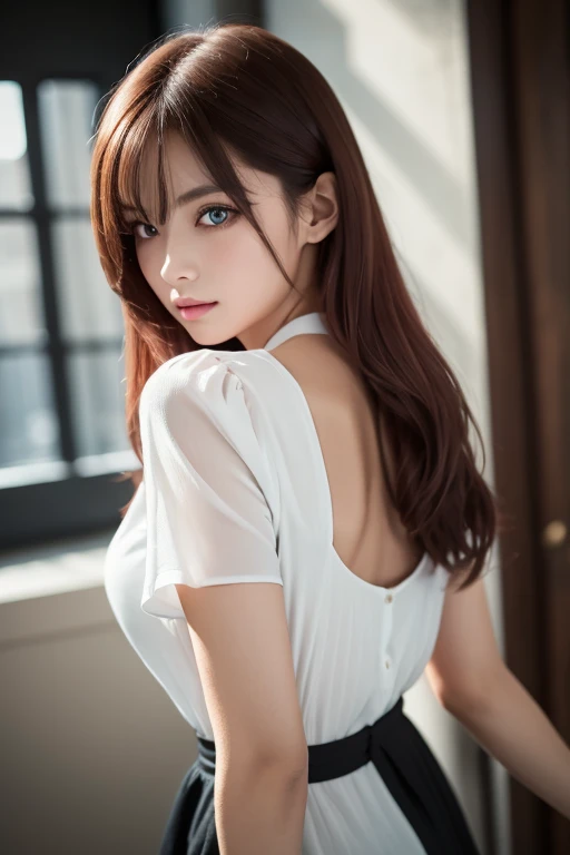 girl with long red hair, heterochromic eye , blue-white skin, flat chest, is wearing a black dress and a crisp pink blouse, A girl of, something that matches a mysterious and strong personality. whole, her look will catch the eye , attract curiosity and an...