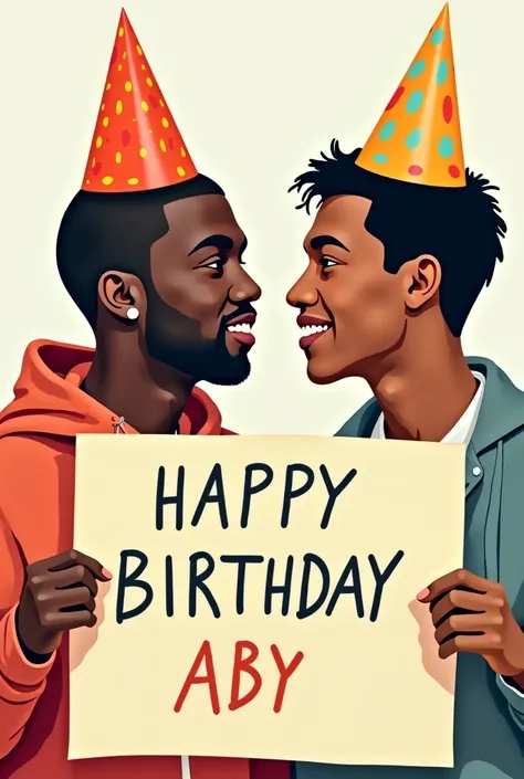 Kanye West and Frank Ocean wearing a birthday hat with a sign that says: Happy birthday aby 