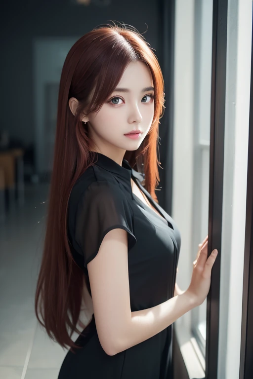 girl with long red hair, heterochromic eye , blue-white skin, flat chest, is wearing a black dress and a crisp pink blouse, A girl of, something that matches a mysterious and strong personality. whole, her look will catch the eye , attract curiosity and an...