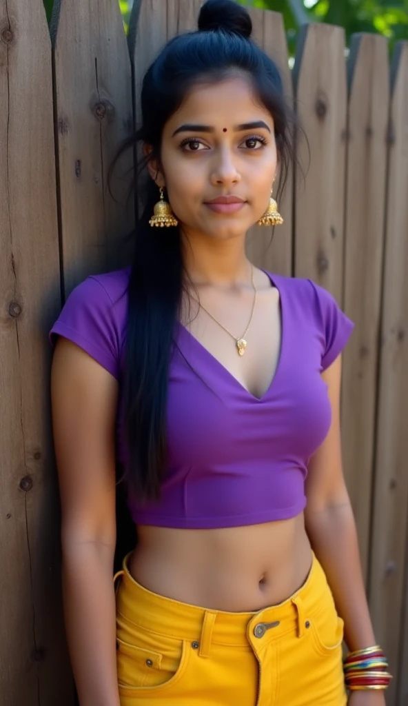 Create a portrait of a young woman standing against a wooden fence with a serene expression. She has long, dark hair neatly tied in a bun and wears traditional gold jhumka earrings. Her outfit consists of a fitted purple top with short sleeves and yellow p...