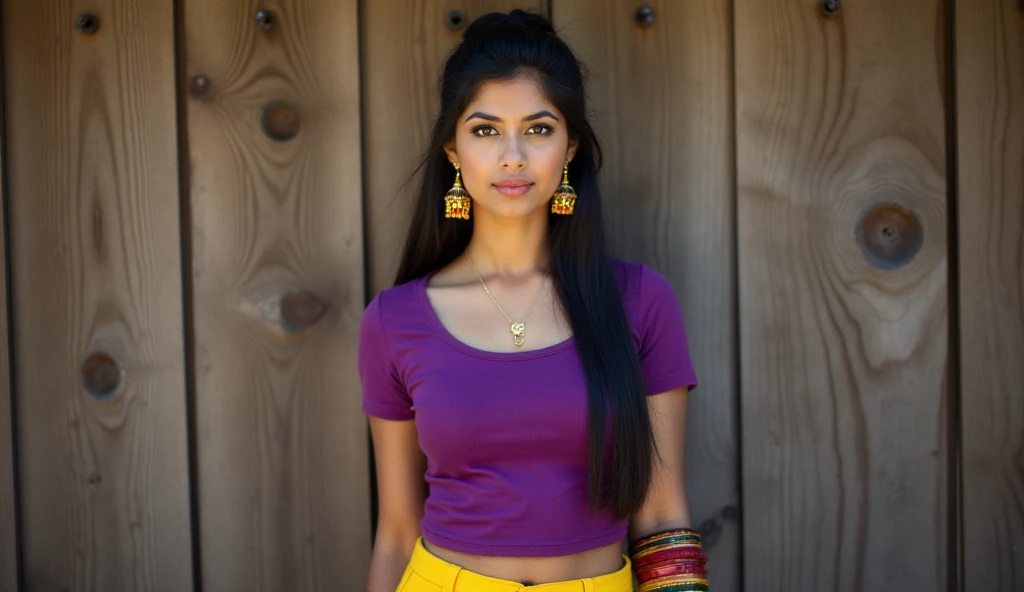 Create a portrait of a young woman standing against a wooden fence with a serene expression. She has long, dark hair neatly tied in a bun and wears traditional gold jhumka earrings. Her outfit consists of a fitted purple top with short sleeves and yellow p...