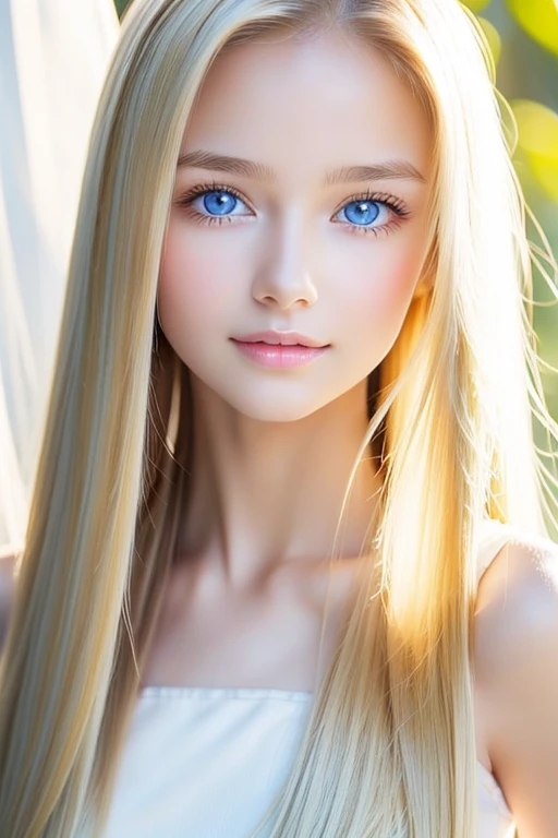  the most beautiful face in the world、very beautiful super long silky golden shiny blond hair、 shiny silky straight hair 、 super long bangs swaying right in front of you 、 sexy 17-year-old cute girl 、Light blue eyes、pure white beautiful skin 、Glowing Skin、...