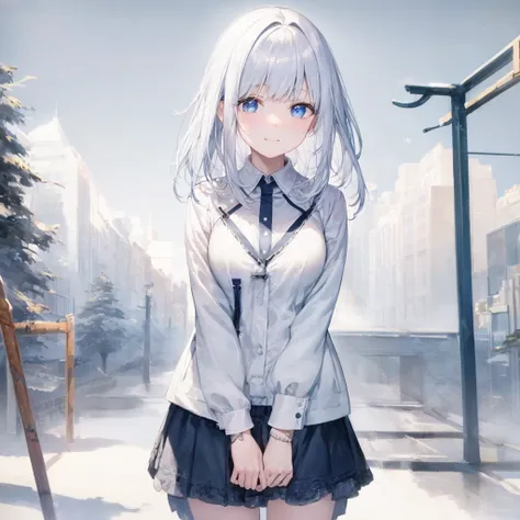  white hoodie、 black shirt 、Ultra HD, look at viewers, and, 20 years old, 非常に short hair,  long bangs between eyes ,  pale blue eyes ,  very detailed,( Masterpiece、 top quality),Gray Hair、Laughter、 great ,  Silver Hair, iris, Small face、明るいsmile、( detailed...