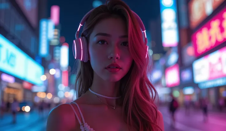 The best photos for TikTok、Beauty、 Dynamic Angles 、ヘッドフォンをしているBeauty、Night city background with neon lights