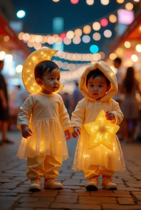 Two cute babies dressed as the moon and a star, wearing glowing silver and gold outfits, walking in a night market with colorful lights and people in the background, photorealistic style