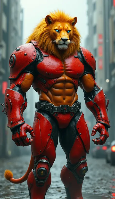 Humanoid monster like lion beast, male, adult, muscular, standing, wearing a cyber like red armor with sleeves, armored leggings, it's not covered his pecs and chest, only covered arms, back, and pants with balt on, has blue eyes and yellow mane, with ches...