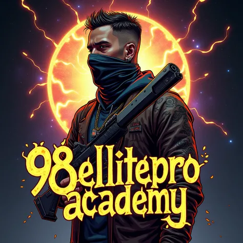 Elegant graffiti berwarna gold inscribe 98elliteproacademy , background logo electric circle fire galaxy illustrated man full tattoo wearing piercing wearing face covering holding weapon 