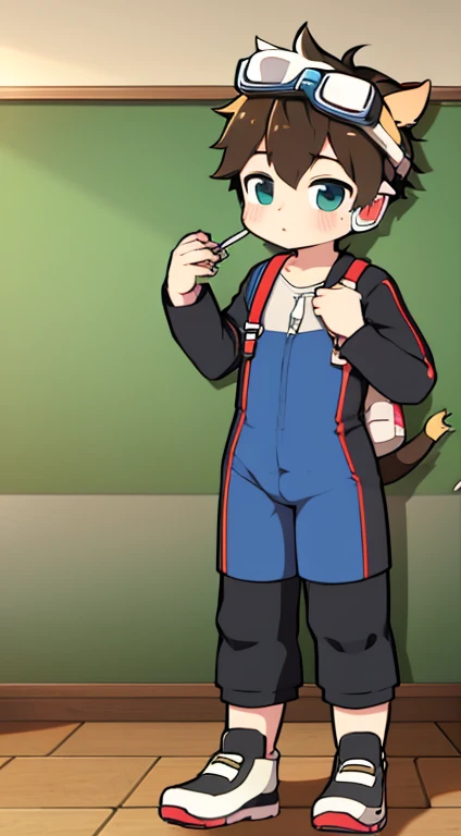 2D boy Shota ，One-piece hiking suit ， Wear headphones on your head， permanent，Goggles，trumpet，Cow ears，Sports shoes，classroom