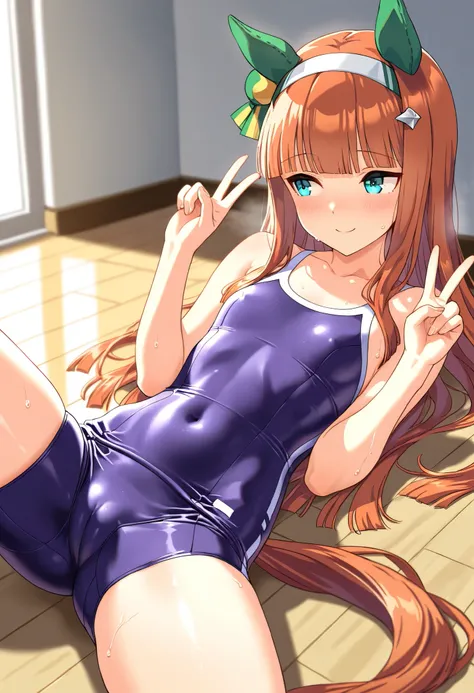 ((1 girl)), silence suzuka \(umamusume\), nsfw, from side, indoors, sweat smile, looking away, blush, lying, on back, on floor, double v, spread legs, school swimsuit, tracen swimsuit, covered nipple, covered critoris, covered navel, cameltoe, beautiful ha...