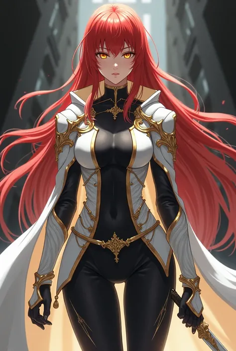 ( artwork ,  top quality,  best quality,  official art ,  beautiful and aesthetic  :1.2)  female, Elfa from anime,  Long red hair,  golden eyes,  white and gold armor, wearing white cape, black and gold , black t-shirt and pants ,  wielding a white sword, ...