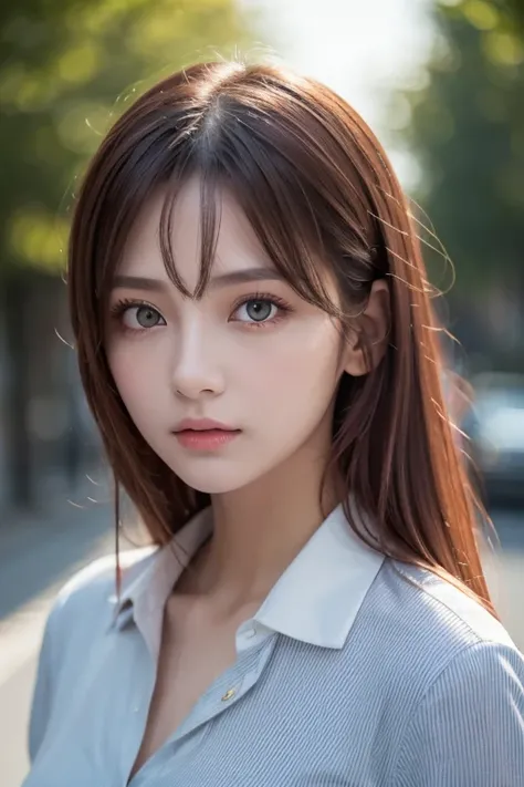 girl with long red hair, heterochromic eye , blue-white skin, flat chest, is wearing a black dress and a crisp pink blouse, A girl of, something that matches a mysterious and strong personality. whole, her look will catch the eye , attract curiosity and an...