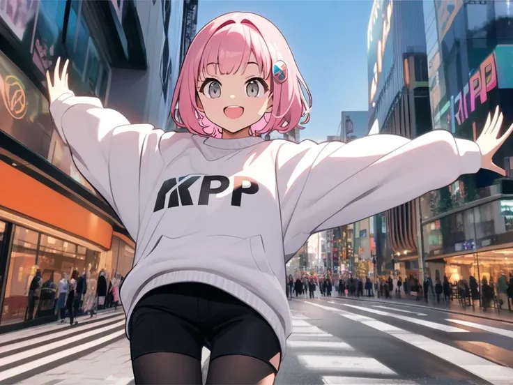 photo background, anime、anime調、デジタルanimeアート、 flat design ,( Masterpiece:1.2)、 high quality、 high resolution、 very detailed、( surprisingly absurd:1.2)、pink hair,shibuya city back ground, look back、((black knee length sweatshirt ))、((XRP logo))、 black long k...