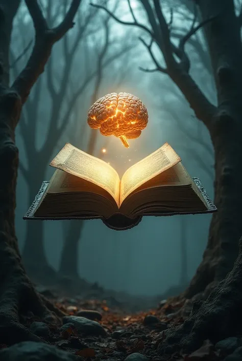 Old Book of Enok, made of iron, Open, Lights coming out, with a brilliant brain floating above it, gloomy forest with dry trees in the background 