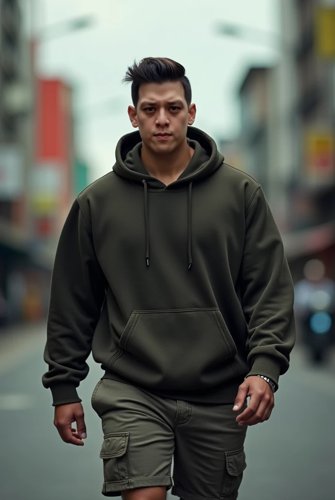 Good looking young man wearing a hoodie and a shorts walking down the road at Manila philippines , relaxed and chill, large chubby muscular and Manly, Regal and Majestic demeanor close-up portrait taken from a Leica m9 50mm 1.2, short layered swept up mili...