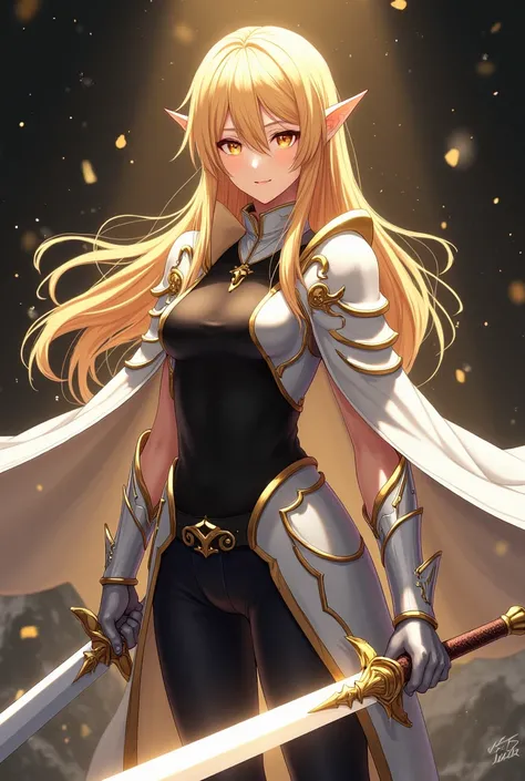 ( artwork ,  top quality,  best quality,  official art ,  beautiful and aesthetic  :1.2)  female, Elfa from anime,  long yellow hair ,  golden eyes,  white and gold armor, wearing white cape, black and gold , black t-shirt and pants ,  wielding a white swo...