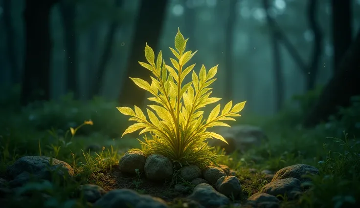 ((best quality)), ((masterpiece)), (detailed), Create an image of a glowing, mystical herb in a dark, enchanted forest. The herb should have delicate, luminescent leaves with soft golden and green hues, emitting a gentle glow that lights up the surrounding...