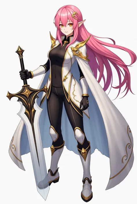 ( artwork ,  top quality,  best quality,  official art ,  beautiful and aesthetic  :1.2)  female, Elfa from anime,  long hair pink ,  golden eyes,  white and gold armor, wearing white cape, black and gold , black t-shirt and pants ,  wielding a white sword...