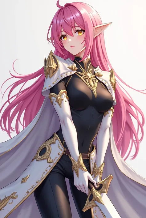 ( artwork ,  top quality,  best quality,  official art ,  beautiful and aesthetic  :1.2)  female, Elfa from anime,  long hair pink ,  golden eyes,  white and gold armor, wearing white cape, black and gold , black t-shirt and pants ,  wielding a white sword...