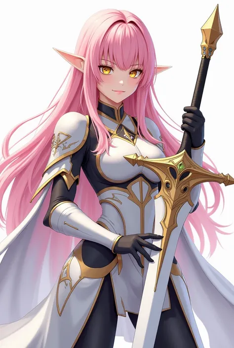 ( artwork ,  top quality,  best quality,  official art ,  beautiful and aesthetic  :1.2)  female, Elfa from anime,  long hair pink ,  golden eyes,  white and gold armor, wearing white cape, black and gold , black t-shirt and pants ,  wielding a white sword...