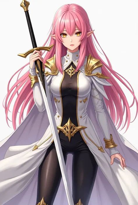 ( artwork ,  top quality,  best quality,  official art ,  beautiful and aesthetic  :1.2)  female, Elfa from anime,  long hair pink ,  golden eyes,  white and gold armor, wearing white cape, black and gold , black t-shirt and pants ,  wielding a white sword...