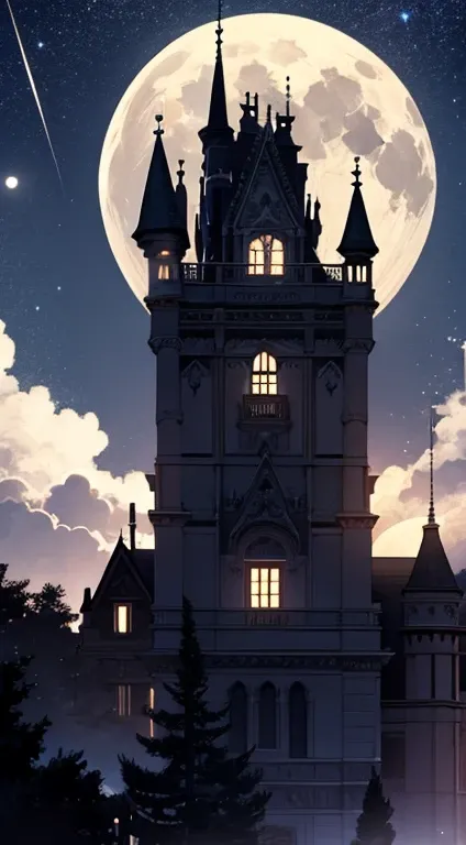 Victorian-era mansion, Night and a.Full Moon and Full Moon starry.