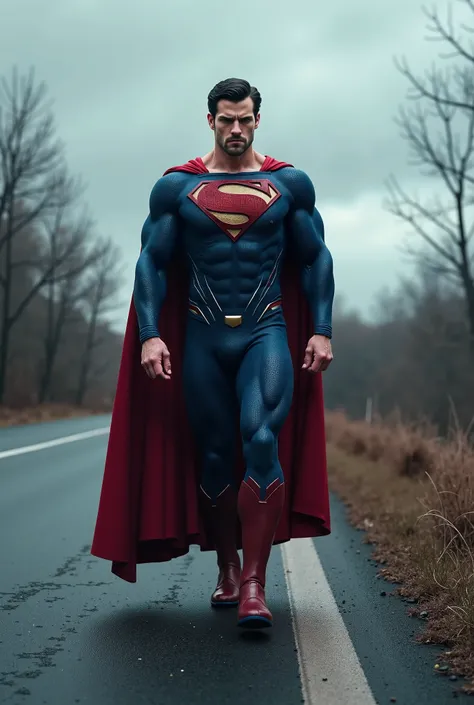 Create a realistic picture of Superman walking on the side of the road with a gloomy face