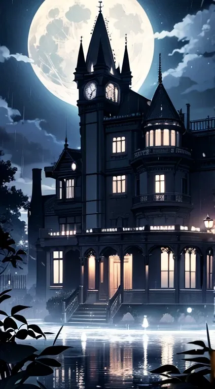 Victorian-era mansion, Night and a.Full Moon and Full Moon and Torrential Rain.