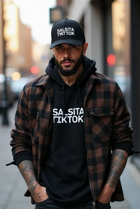  Latin man ,   Handsome with light brown eyes  , beard,   Athletic physique  ,   tattooed arms.  Walking around the city wearing a flannel and a cap that covers his face   ,    The hat is black and has “SALSITA TIKTOK” written on it and the Flannel is blac...