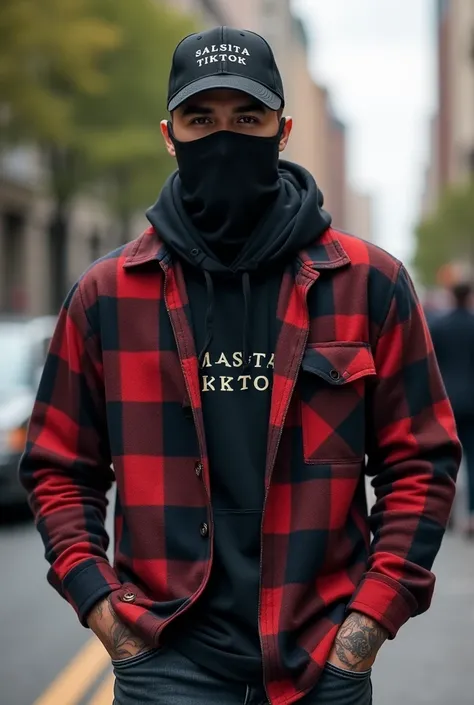  Latin man ,   Handsome with light brown eyes  , beard,   Athletic physique  ,   tattooed arms.  Walking around the city wearing a flannel and a cap that covers his face   ,    The hat is black and has “SALSITA TIKTOK” written on it and the Flannel is blac...