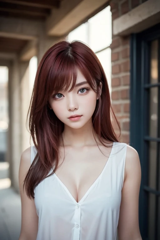 girl with long red hair, heterochromic eye , blue-white skin, flat chest, is wearing a black dress and a crisp pink blouse, A girl of, something that matches a mysterious and strong personality. whole, her look will catch the eye , attract curiosity and an...