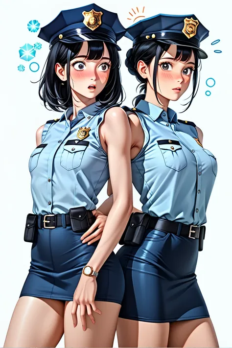  Japanese beautiful girl ,(It's 1 :2.0),( watches viewers:1.0),(sleeveless collared police shirt:1.1),( police officer micro mini skirt standing in a natural pose:1.1),( slender body:1.2),(Surprised:1.0),real skin ,small breasts,  Shiny Black Hair, Super D...