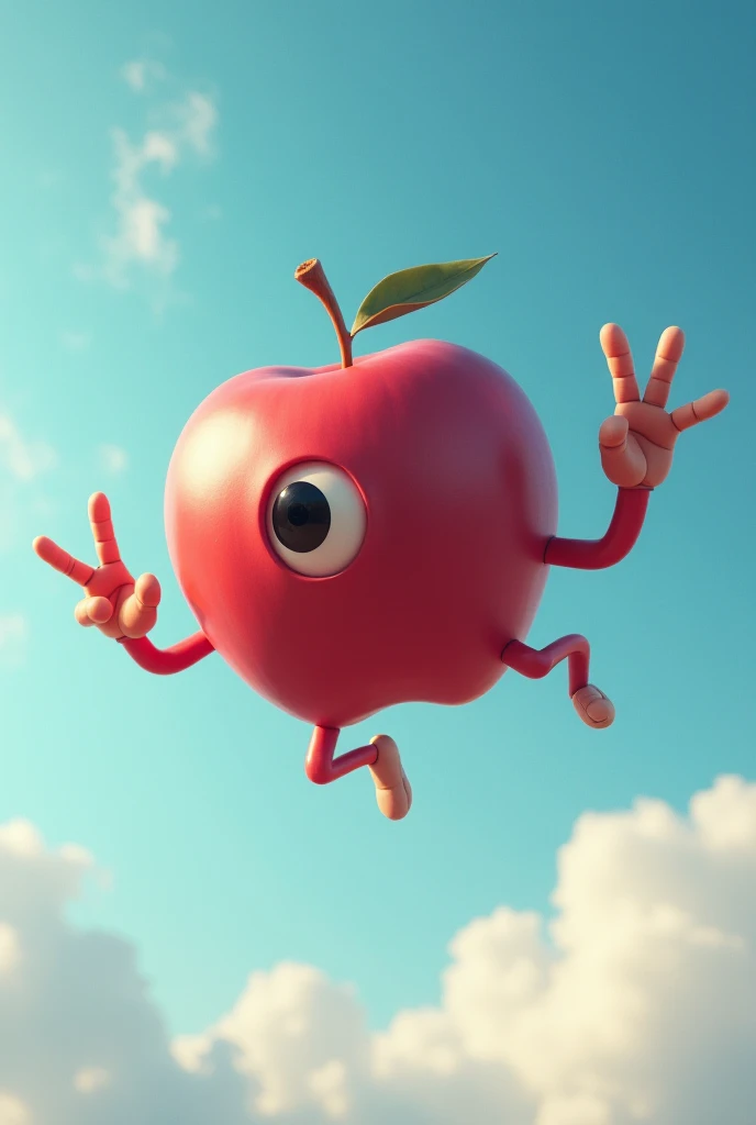 A red apple has single eye and triple hands . Flying on the sky