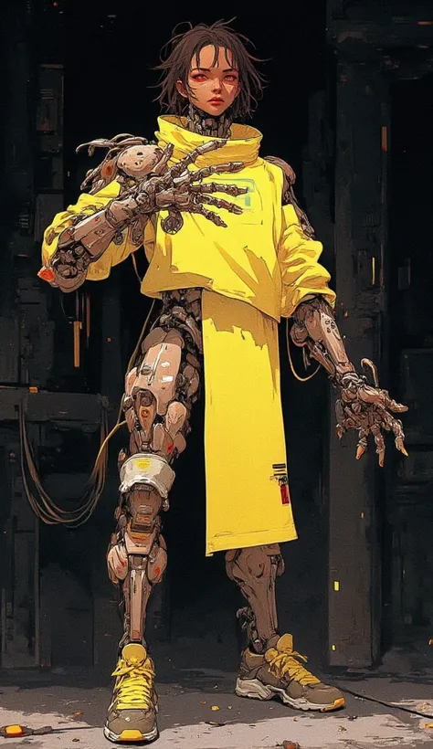 cyberpunk, cyborg, a young African Boy cyborg, Cute small round shaped face, wild short dread locs, glowin g red eyes, light brown skin color, full body, tall body slim body figure. Ectormorph body type, long light slender brown colored mechanical arms sam...