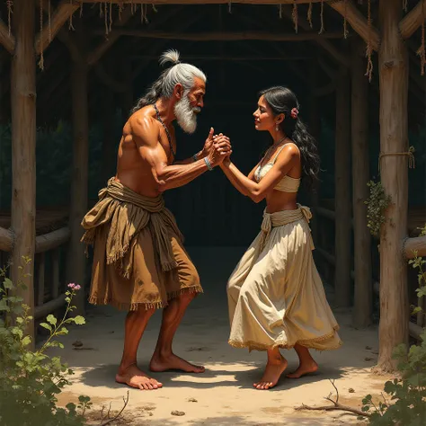 The Wedding Dance by Amador T. Daguio, narration style, Awiyao talking to Lumnay, Ifugao tribe, inside the house, its like a drawing realism crosshatching style.