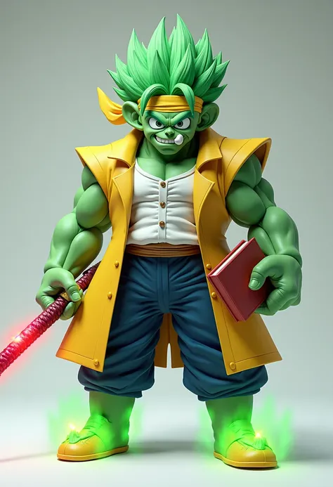 8K HD high quality image. Full Body Photo. Standing in his full height from head to toe. Make a Dragon Ball character. Green Elephant. Spiky hair. Yellow lab coat. Yellow headband. Rounded Eye Glasses. Holding a red book and a ruby katana. Green glowy shoe...