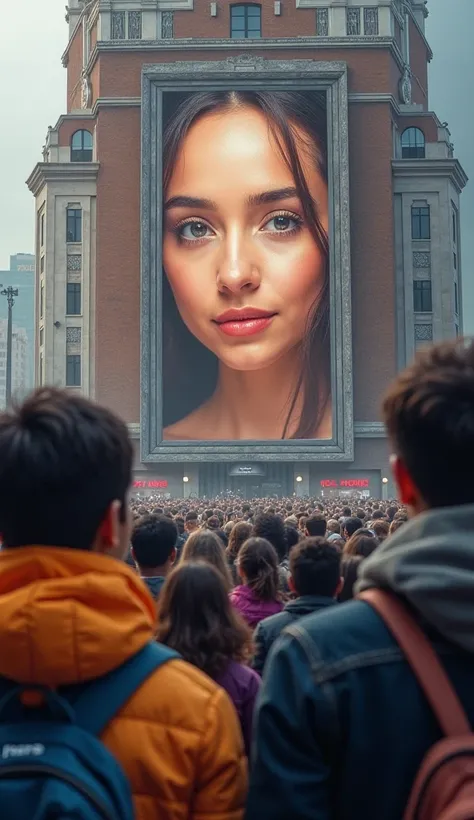 "Create a detailed and realistic description of a scene where a diverse group of individuals is gathered in front of a building, captivated by a large portrait advertising banner affixed to its exterior. Emphasize the expressions and reactions of the spect...