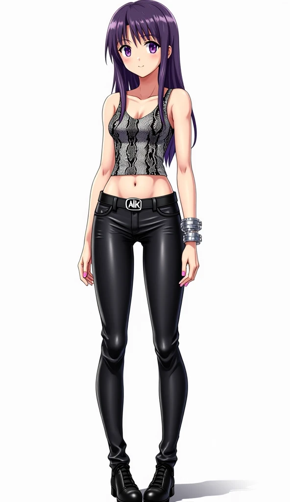 Japanese anime adolescent woman with long hair and purple eyes and pink nails and wears a tight tank top with a snakeskin print in shades of black and white, visible bare abdomen and with black leather pants and a belt with a buckle that has the initials "...