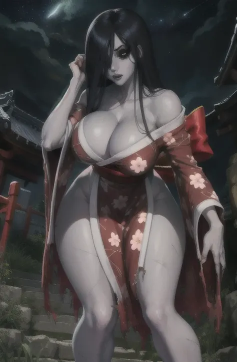 Hisako,grey skin,long hair,hair over one eye,black sclera,white pupils,
looking at viewer,scars,
red kimono with floral print,off shoulder,torn clothes,solo,
(sagging breasts:1.2),from below,
green aura,japanese village,night sky,leaning forward,
standing,...