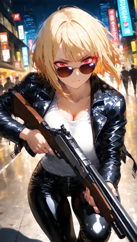 Commemorative photo of a girl,1person,JK,gals,LEATHER JACKET:1.2,leather pants,biker boots,finger less grove,sunglasses,serious,close mouth,Light and Shadow with Attention to Details,Soft focus,Background Blur,anime style,anime paint,(top quality:1.2,4K,8k...