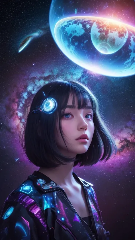 （multiple exposure：1.8），Dubrec style，Girl virtual holographic digital avatar，Futuristic magnificent starry sky image foreground，psychedelic planet，Magic Nebula，In space，Complex illustrations in surrealist art style，Surreal dreams，Become an invisible virtua...